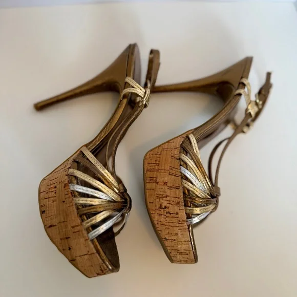 BCBG Gold Strappy Cork Platform Heels, Size 7 - Picture 4 of 11